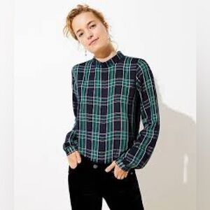 ⭐️Loft Womens Blouse Green Blue Plaid Long Sleeve Button Back Mock Neck SMALL